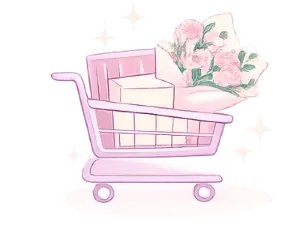 Soft pink shopping cart with packaged boxes illustration