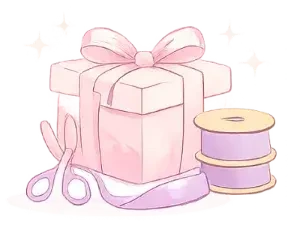 Pink gift box with ribbon and ribbon spool illustration